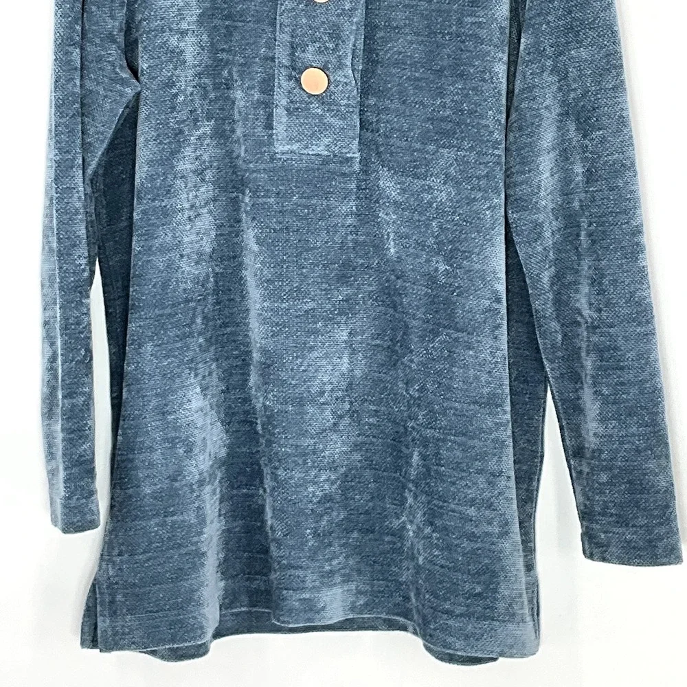 Soft Surroundings Sweater‎ Women L Blue Velor Gold Buttons St Germain Pullover
